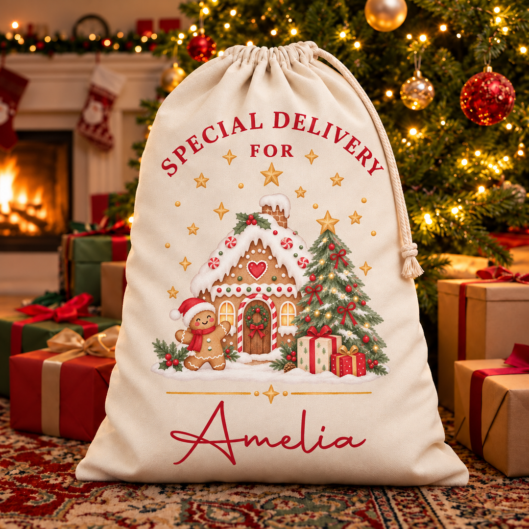 Personalised Gingerbread House Christmas Sack