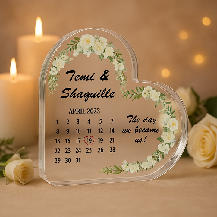 Personalised Wedding/Anniversary Calendar Acrylic Heart Plaque