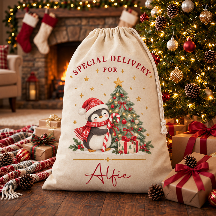 Personalised Penguin and Tree Christmas Sack