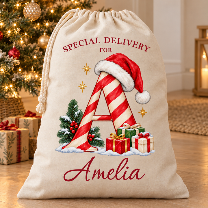 Personalised Candy Cane Initial Christmas Sack