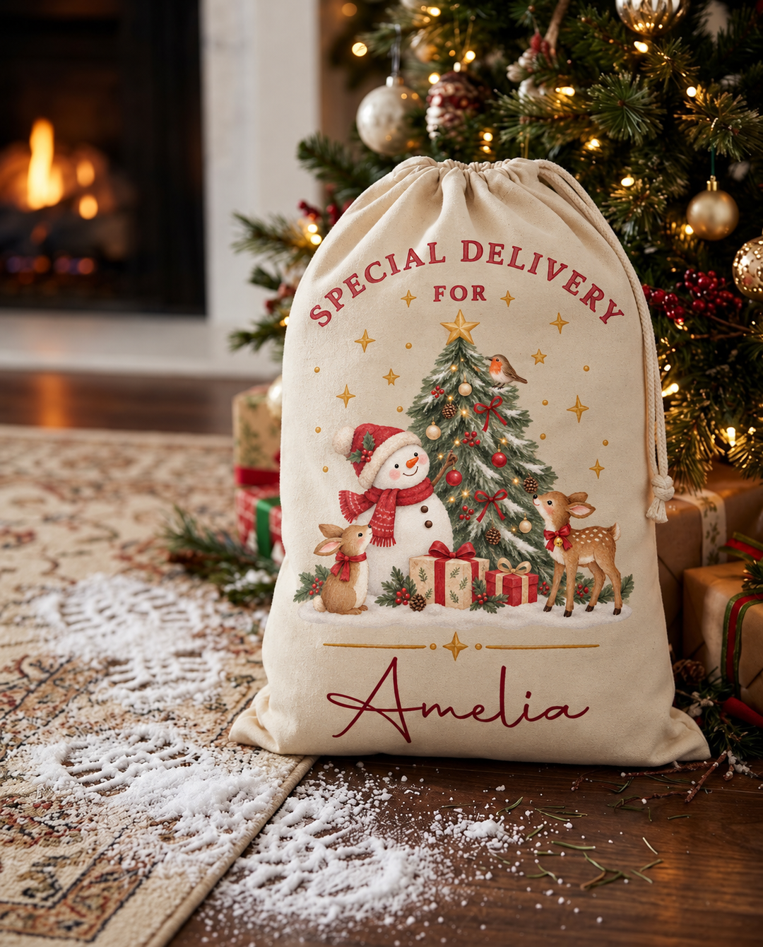 Personalised Snowman and Tree Christmas Sack