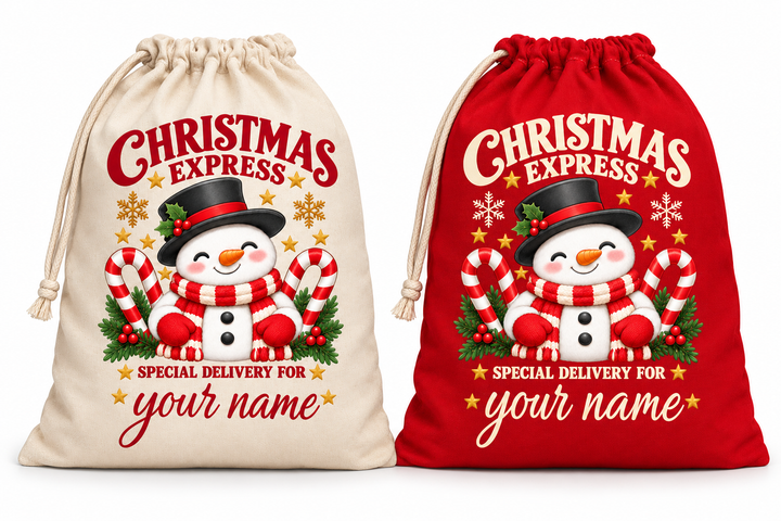 Personalised Candy Cane Snowman Christmas Sack
