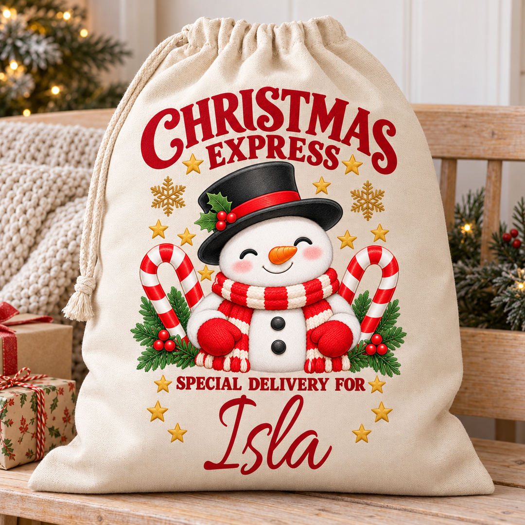 Personalised Candy Cane Snowman Christmas Sack