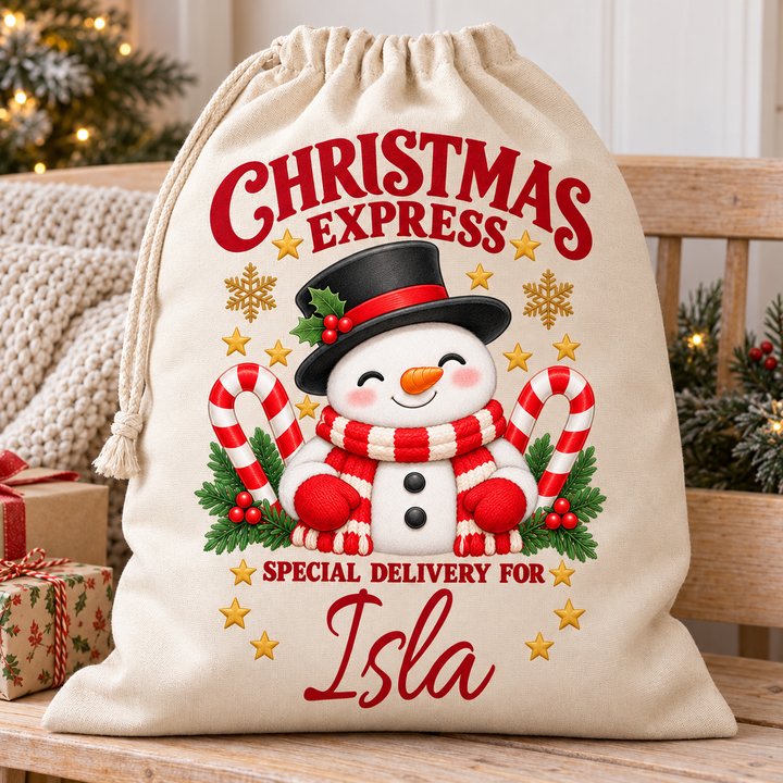 Personalised Candy Cane Snowman Christmas Sack