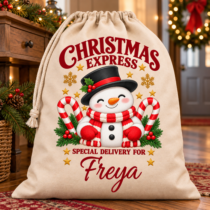 Personalised Candy Cane Snowman Christmas Sack