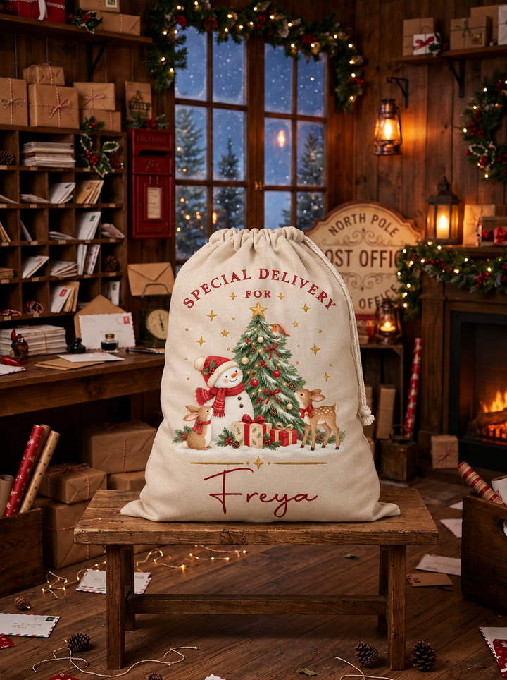 Personalised Snowman and Tree Christmas Sack