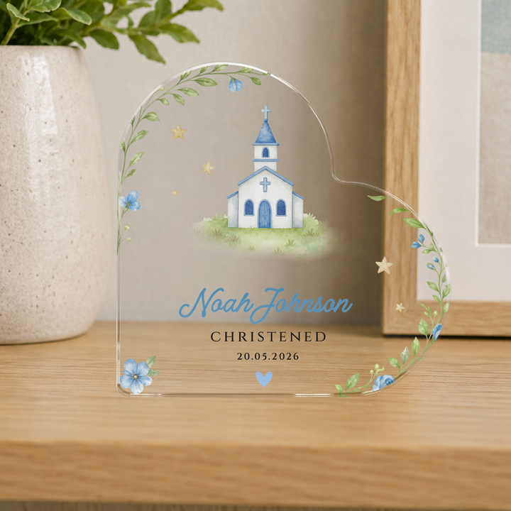 Personalised Christening Acrylic Heart Plaque Gift for Baby Boy
