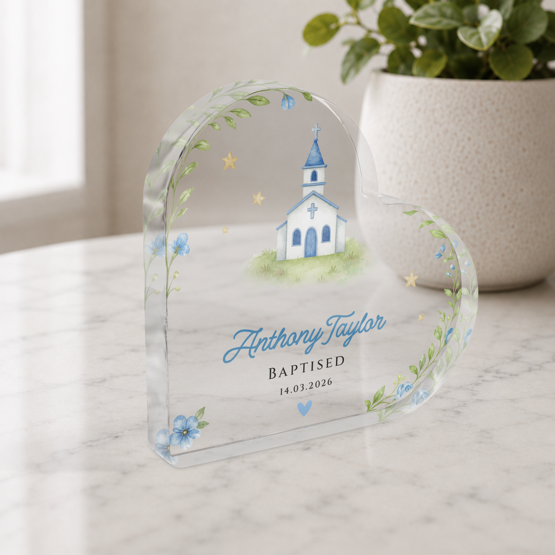 Personalised Christening Acrylic Heart Plaque Gift for Baby Boy