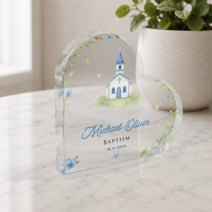 Personalised Christening Acrylic Heart Plaque Gift for Baby Boy