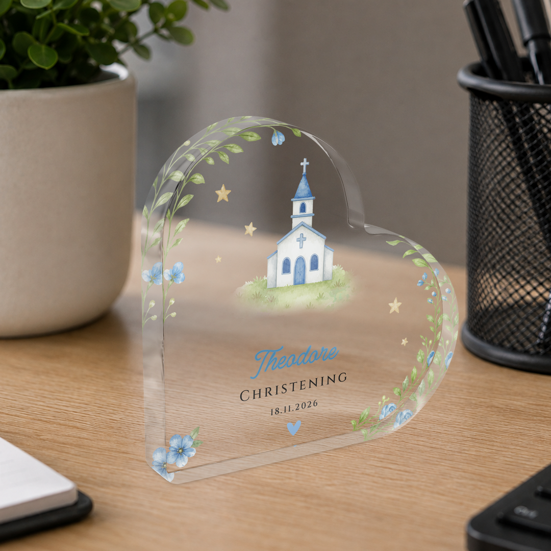 Personalised Christening Acrylic Heart Plaque Gift for Baby Boy