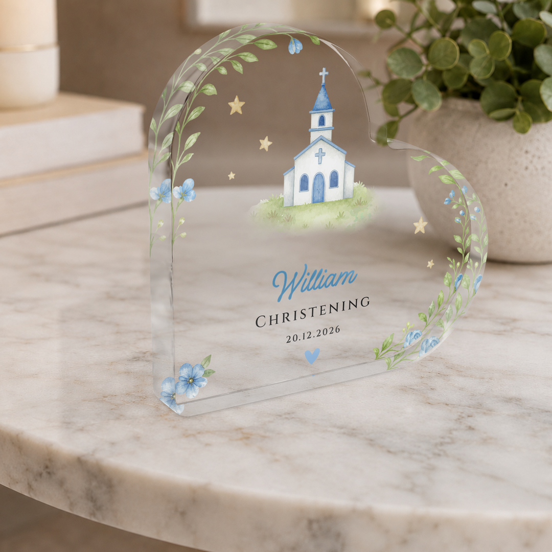 Personalised Christening Acrylic Heart Plaque Gift for Baby Boy