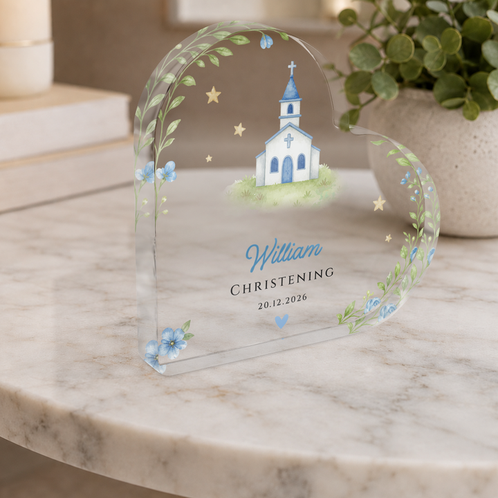 Personalised Christening Acrylic Heart Plaque Gift for Baby Boy