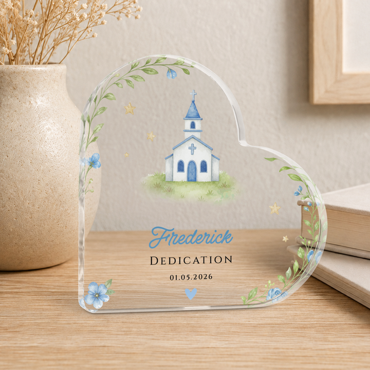 Personalised Christening Acrylic Heart Plaque Gift for Baby Boy