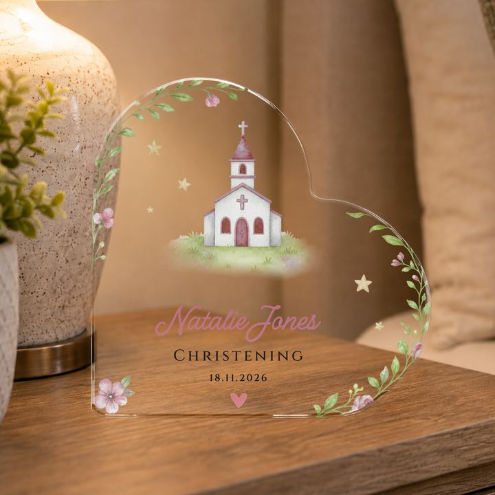 Personalised Christening Acrylic Heart Plaque Gift for Baby Girl