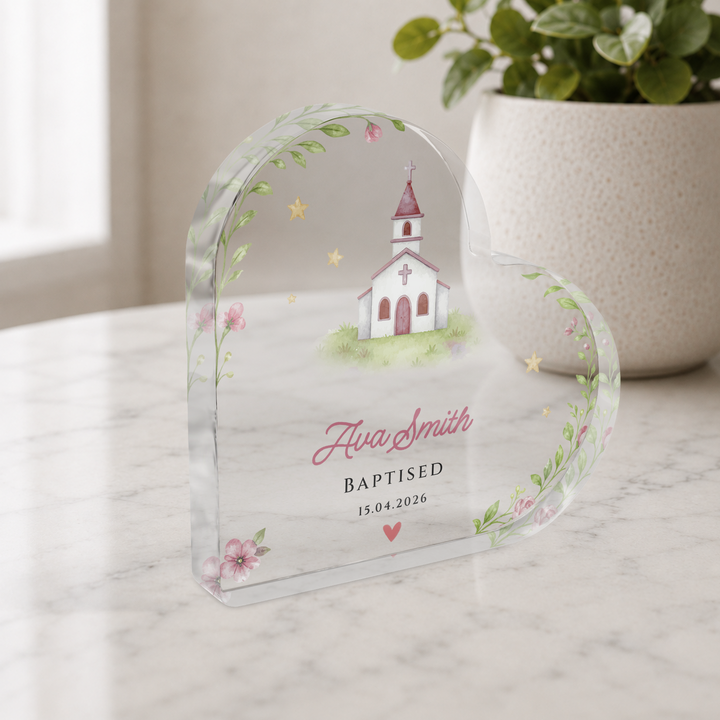 Personalised Christening Acrylic Heart Plaque Gift for Baby Girl