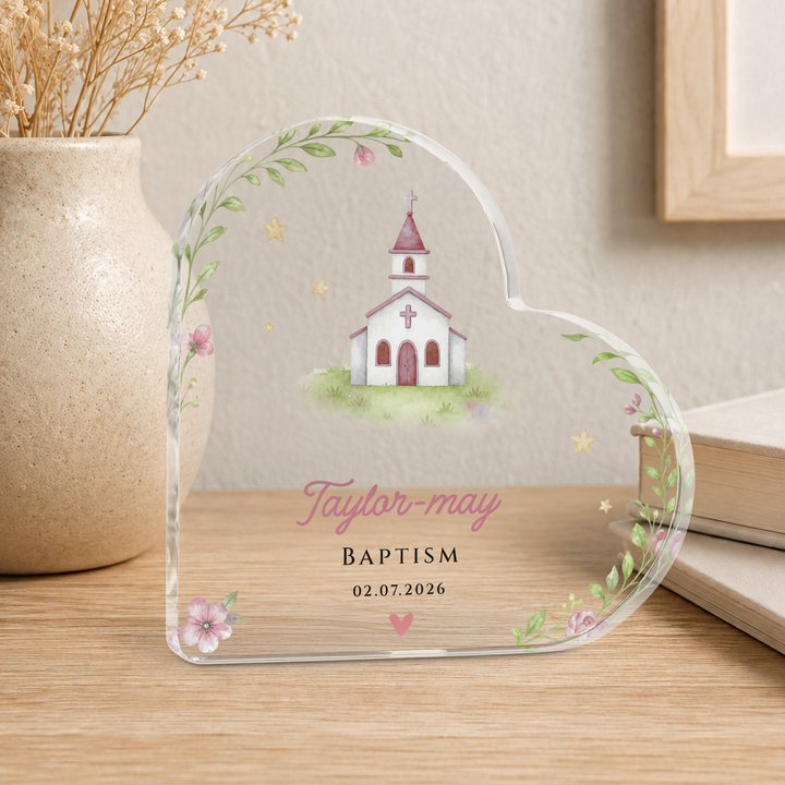 Personalised Christening Acrylic Heart Plaque Gift for Baby Girl