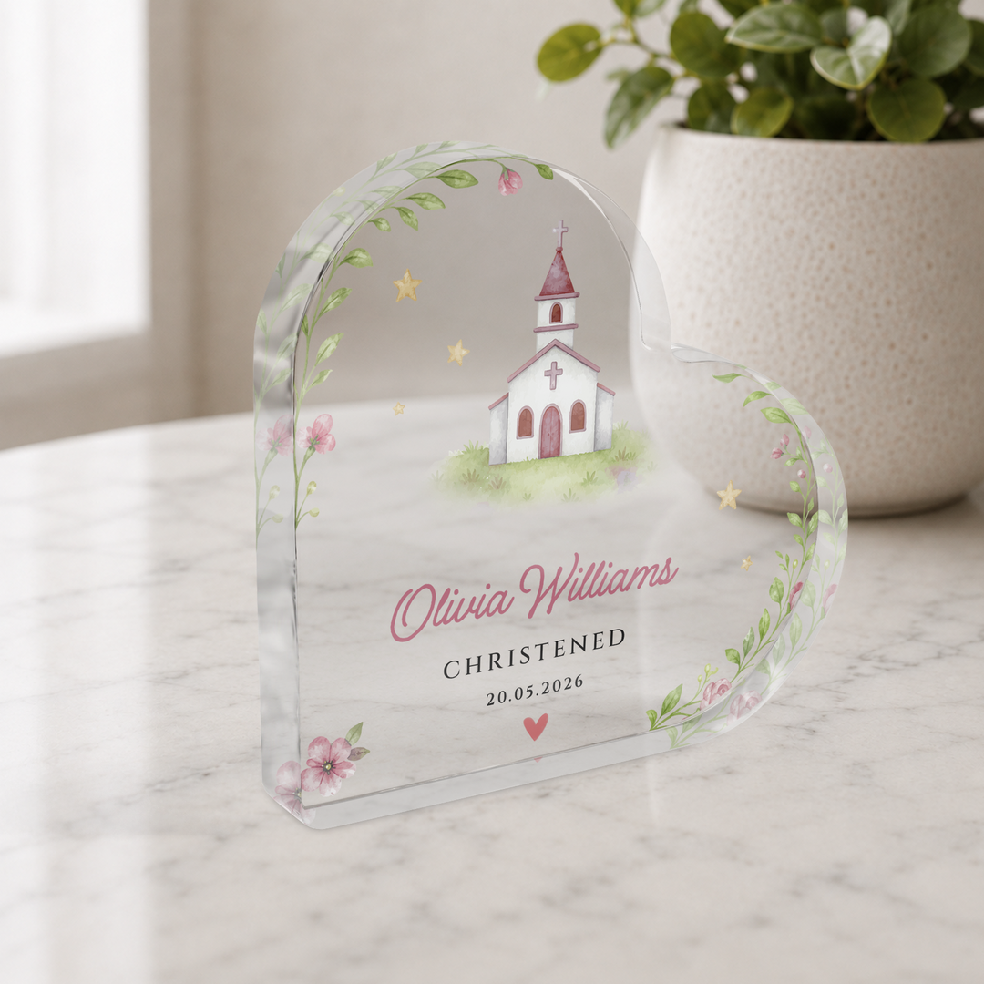 Personalised Christening Acrylic Heart Plaque Gift for Baby Girl