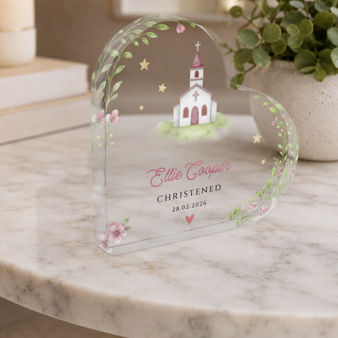 Personalised Christening Acrylic Heart Plaque Gift for Baby Girl