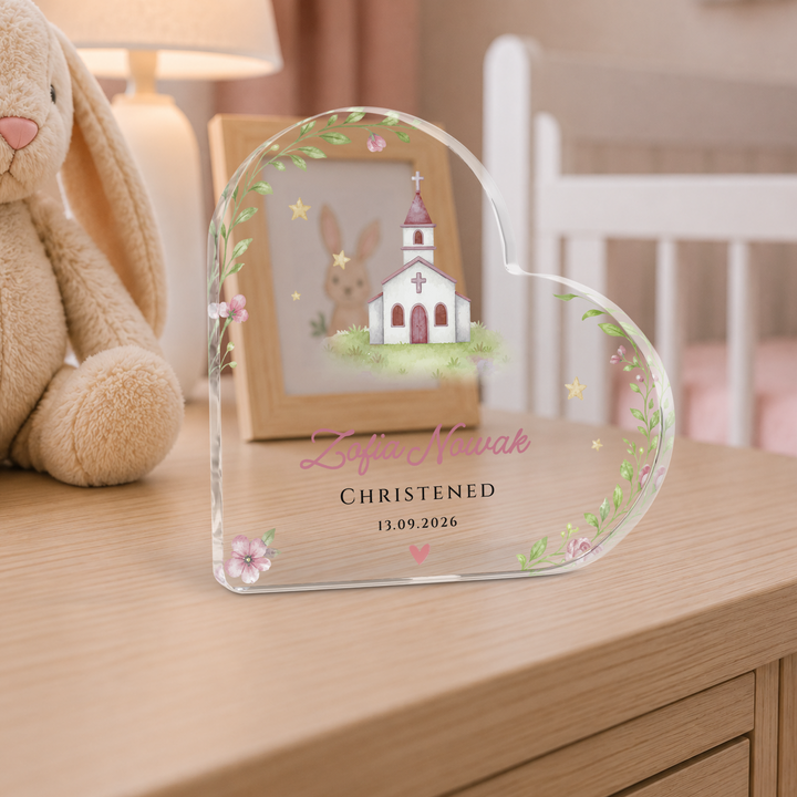 Personalised Christening Acrylic Heart Plaque Gift for Baby Girl