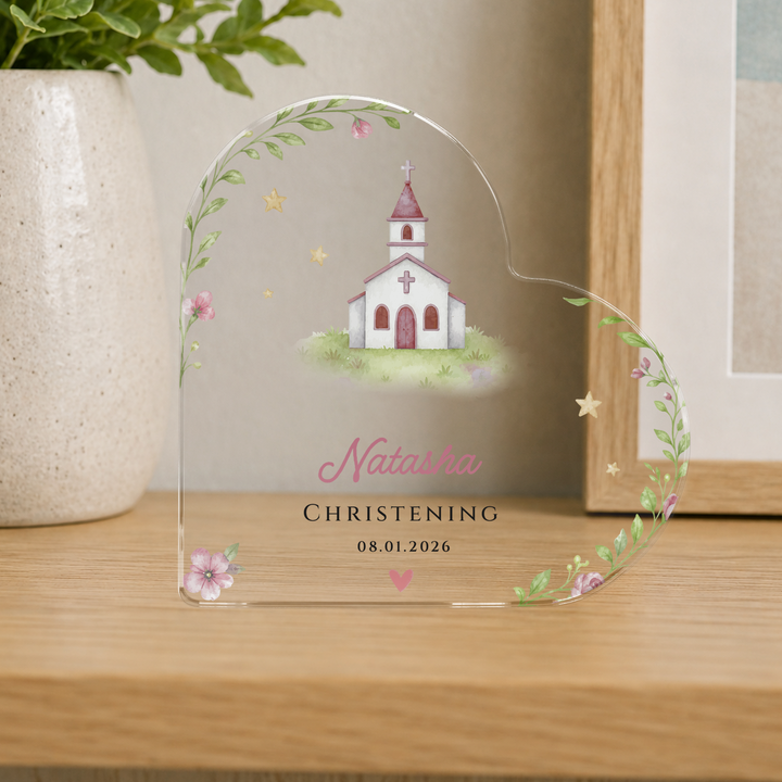 Personalised Christening Acrylic Heart Plaque Gift for Baby Girl