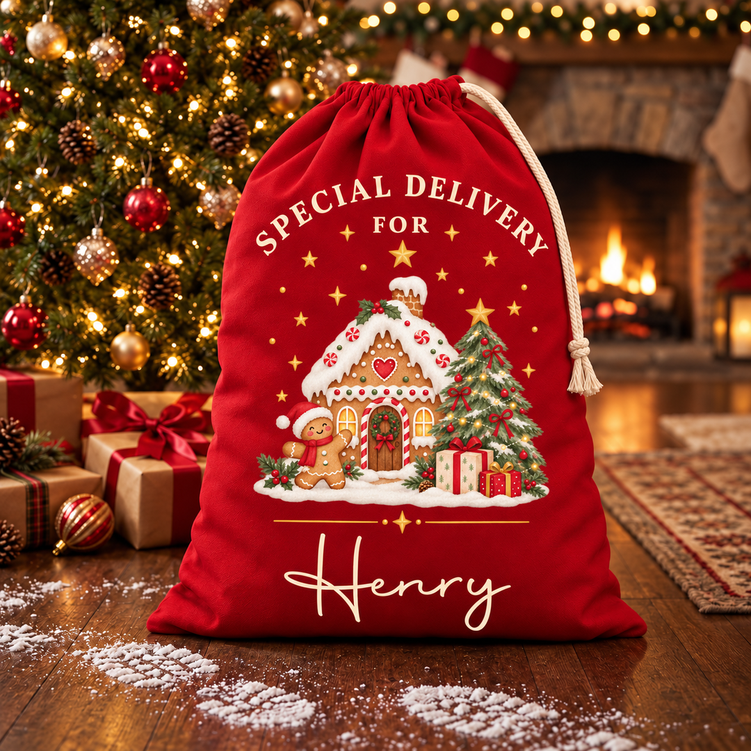 Personalised Gingerbread House Christmas Sack