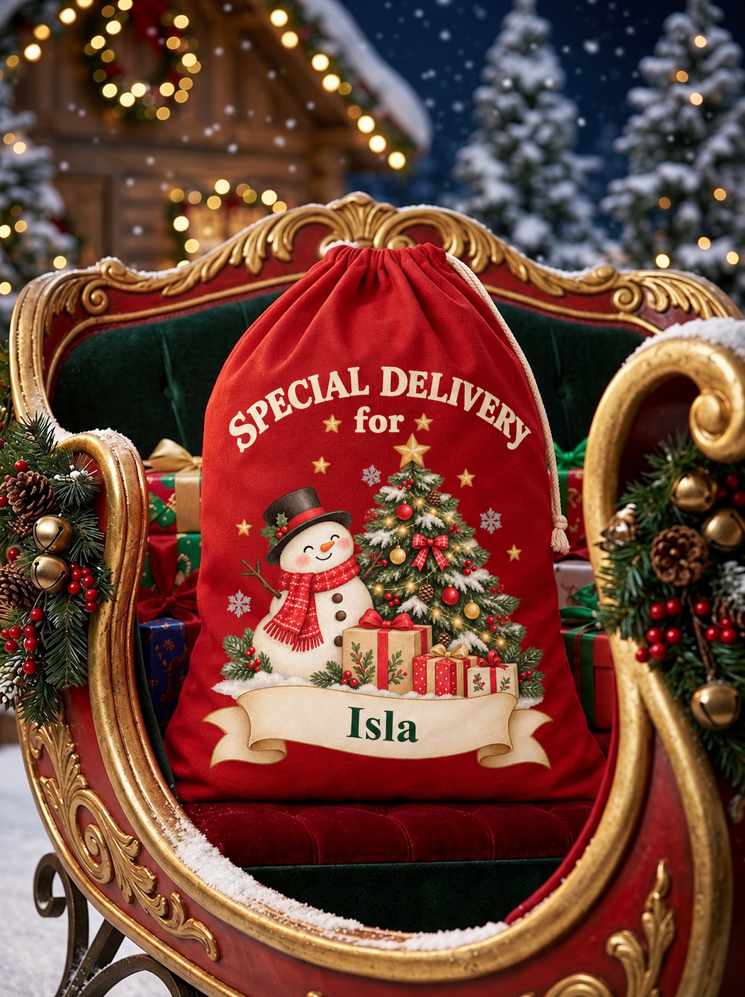 Personalised Snowman and Tree Christmas Sack