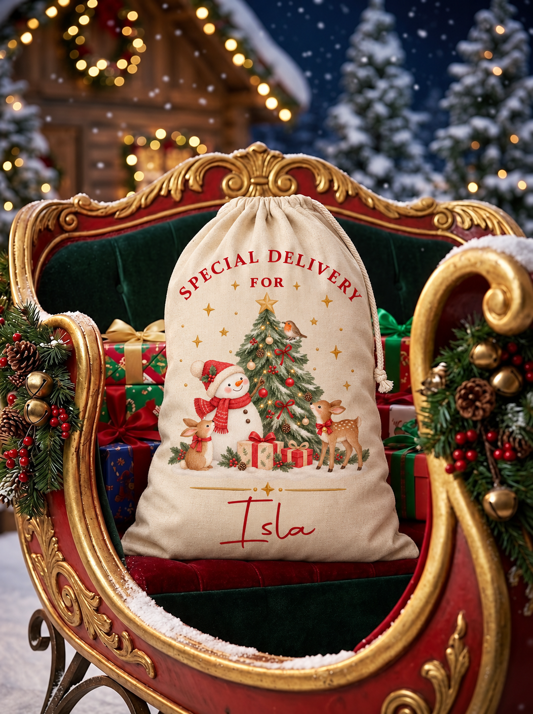 Personalised Snowman and Tree Christmas Sack