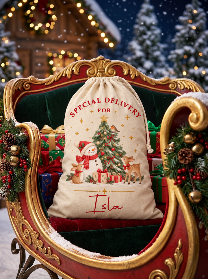 Personalised Snowman and Tree Christmas Sack