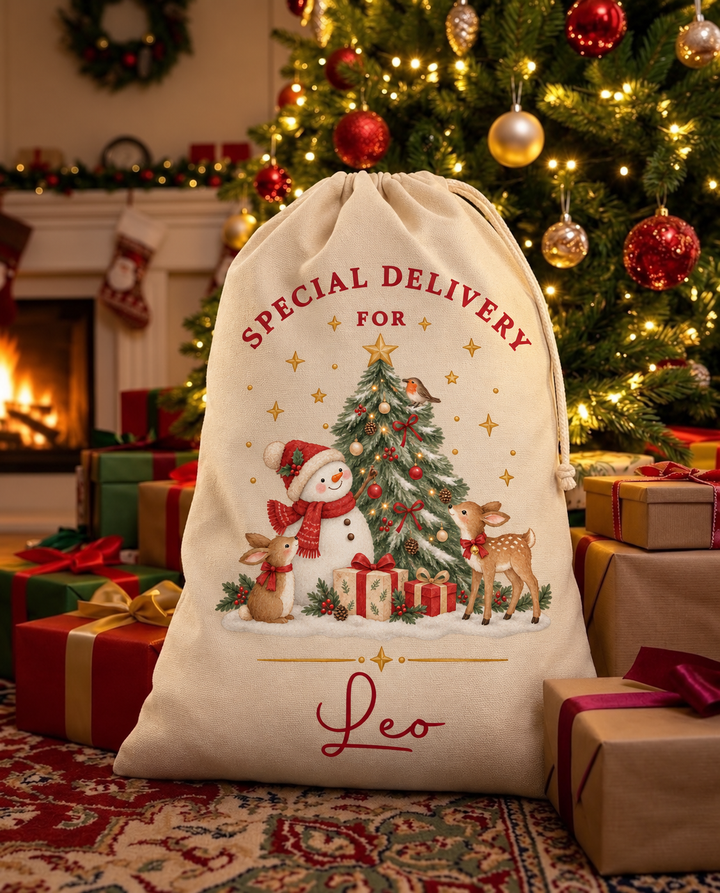 Personalised Snowman and Tree Christmas Sack