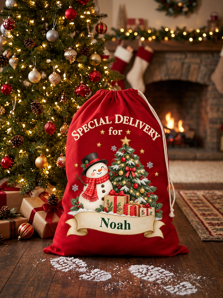 Personalised Snowman and Tree Christmas Sack