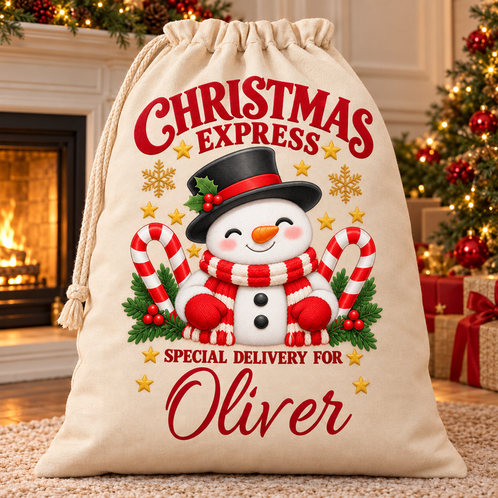 Personalised Candy Cane Snowman Christmas Sack