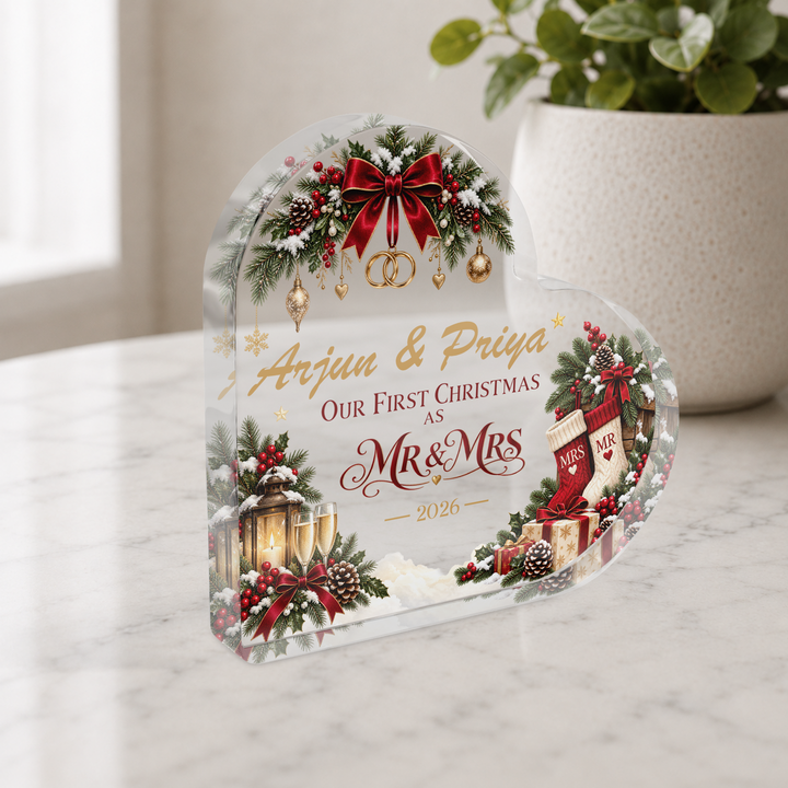 Personalised Our First Christmas as Mr &amp; Mrs Heart Plaque