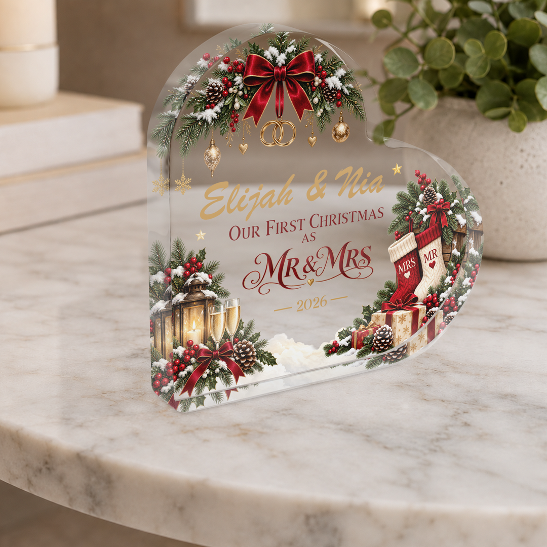 Personalised Our First Christmas as Mr &amp; Mrs Heart Plaque
