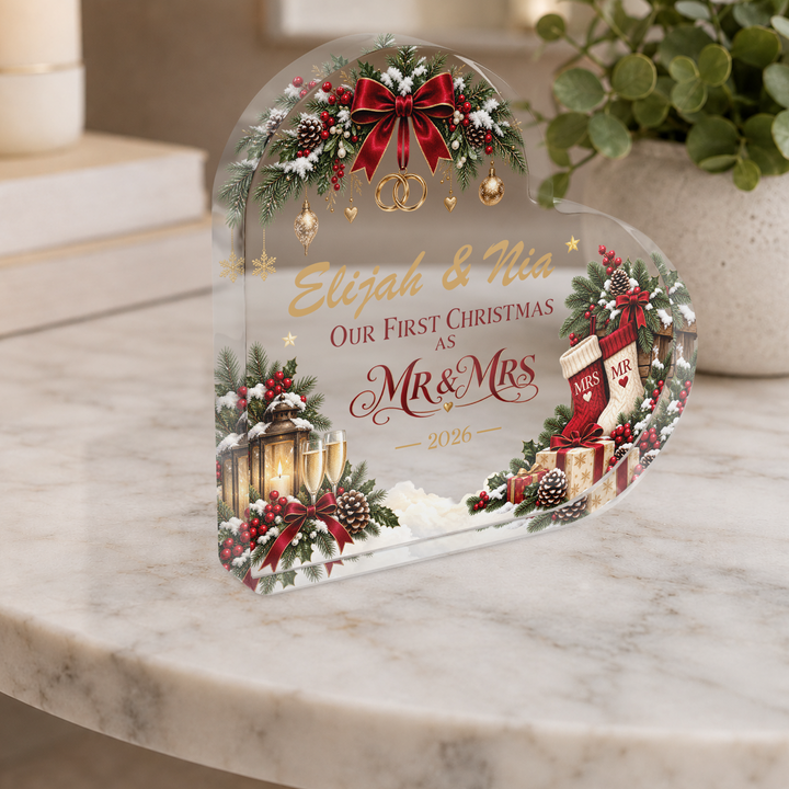 Personalised Our First Christmas as Mr &amp; Mrs Heart Plaque