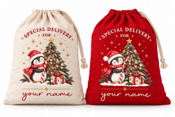 Personalised Penguin and Tree Christmas Sack