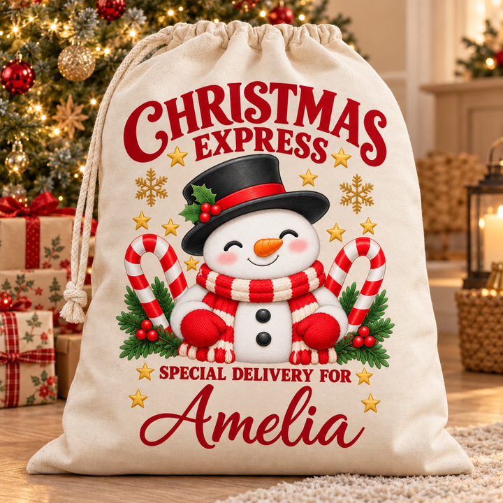 Personalised Candy Cane Snowman Christmas Sack