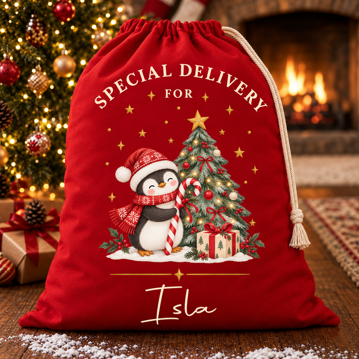 Personalised Penguin and Tree Christmas Sack
