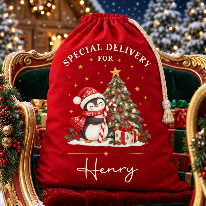 Personalised Penguin and Tree Christmas Sack