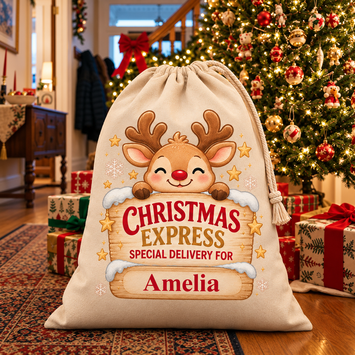 Personalised Reindeer Express Christmas Sack