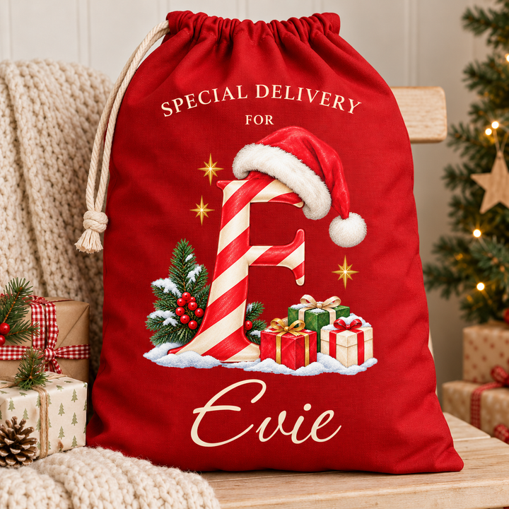 Personalised Candy Cane Initial Christmas Sack