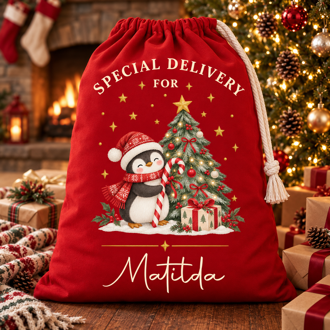 Personalised Penguin and Tree Christmas Sack