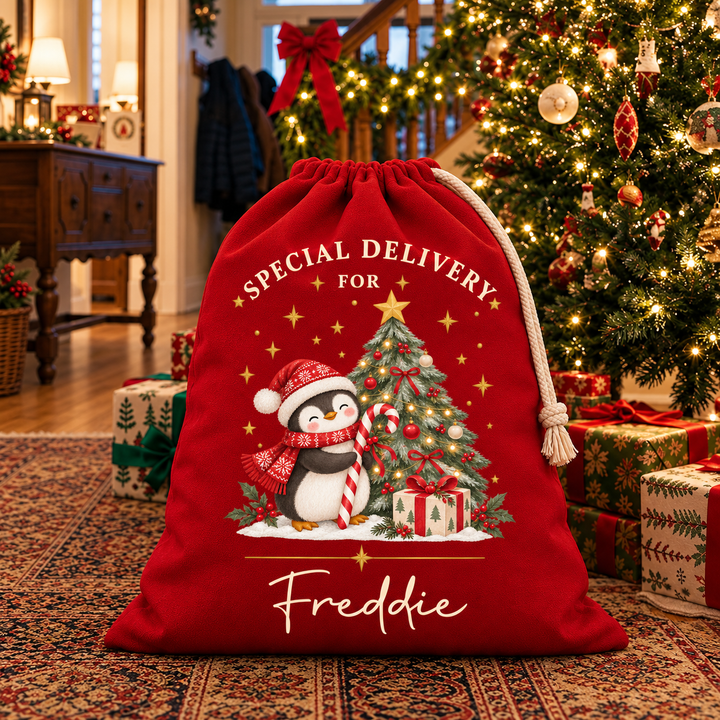 Personalised Penguin and Tree Christmas Sack