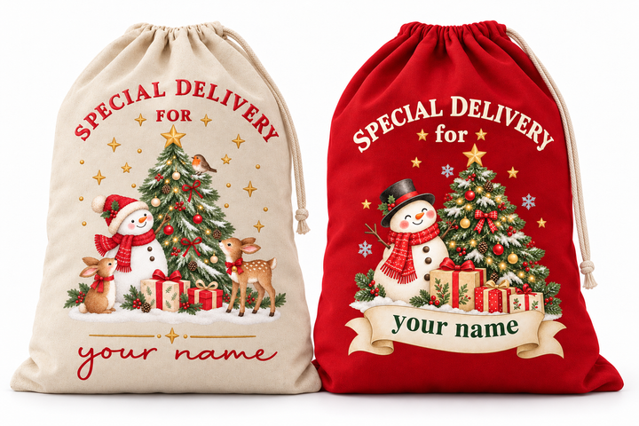 Personalised Snowman and Tree Christmas Sack