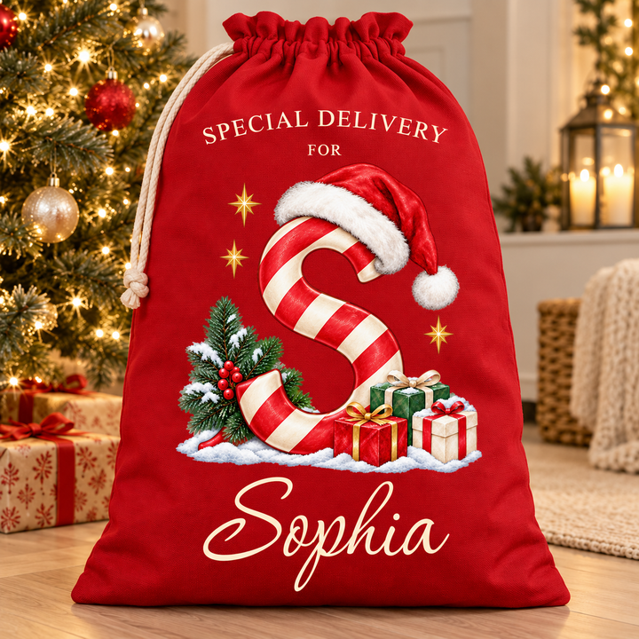Personalised Candy Cane Initial Christmas Sack