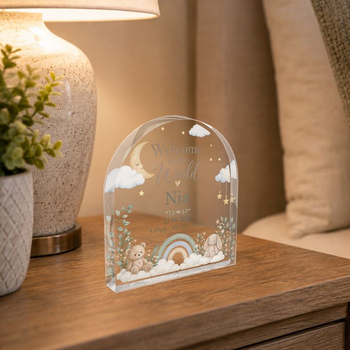 Personalised Acrylic Arch Plaque – Welcome to the World