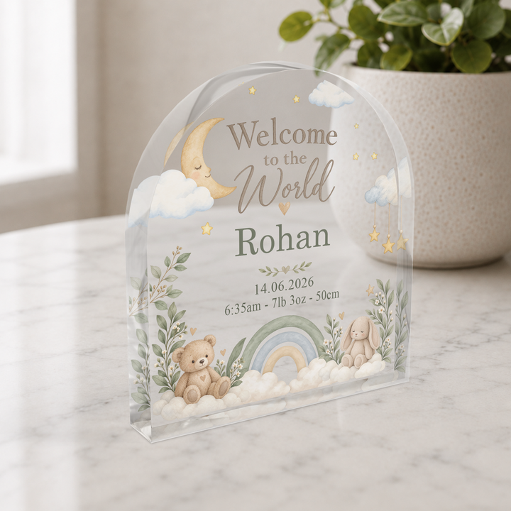 Personalised Acrylic Arch Plaque – Welcome to the World