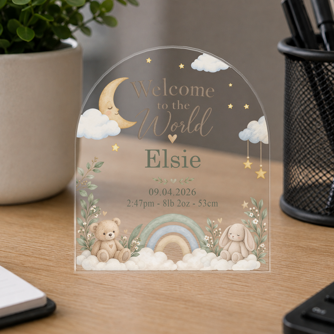 Personalised Acrylic Arch Plaque – Welcome to the World