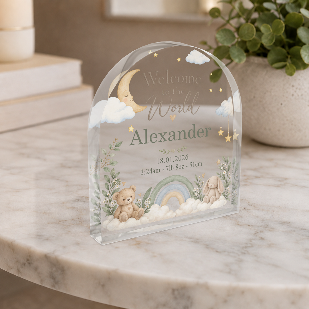 Personalised Acrylic Arch Plaque – Welcome to the World