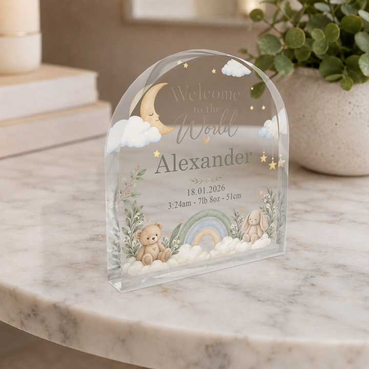 Personalised Acrylic Arch Plaque – Welcome to the World