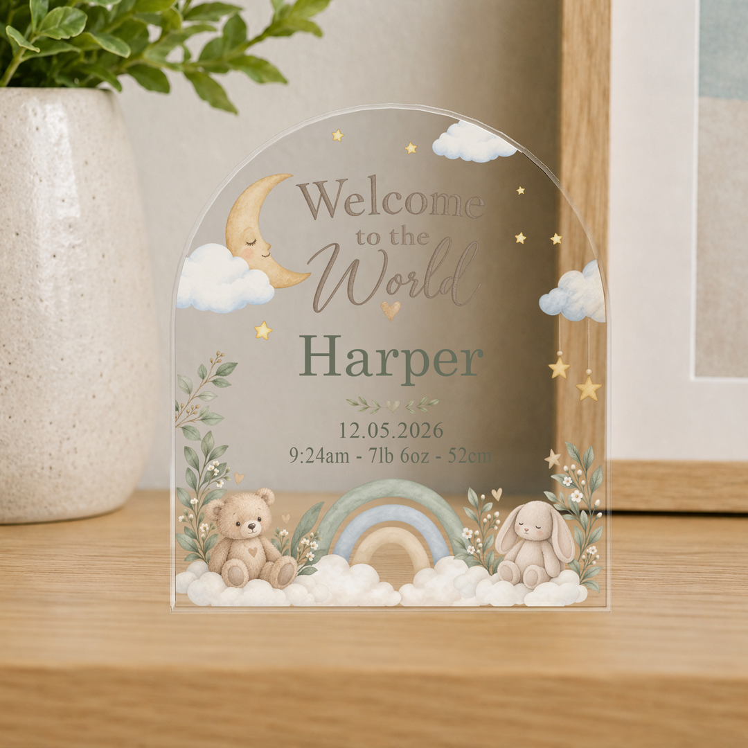 Personalised Acrylic Arch Plaque – Welcome to the World